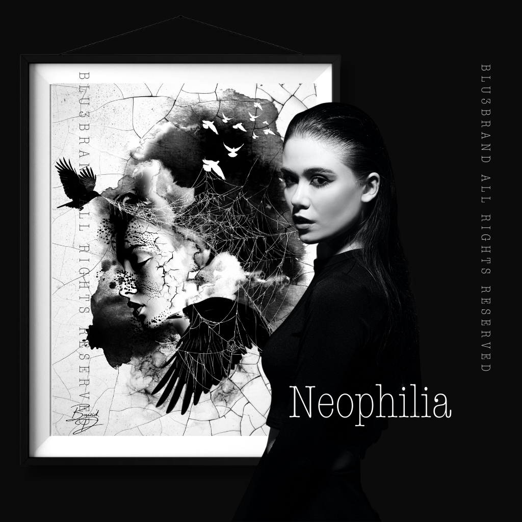Neophilia is a luxurious artwork that speaks to a restless spirit of exploration. It is crafted to convey its unique message to those who understand its artistry and sophistication, featuring a bold depiction of constantly looking for new desires.  BLU3BRAND COPYRIGHTED EXCLUSIVE, DO NOT DUPLICATE IT WITHOUT PERMISSION.