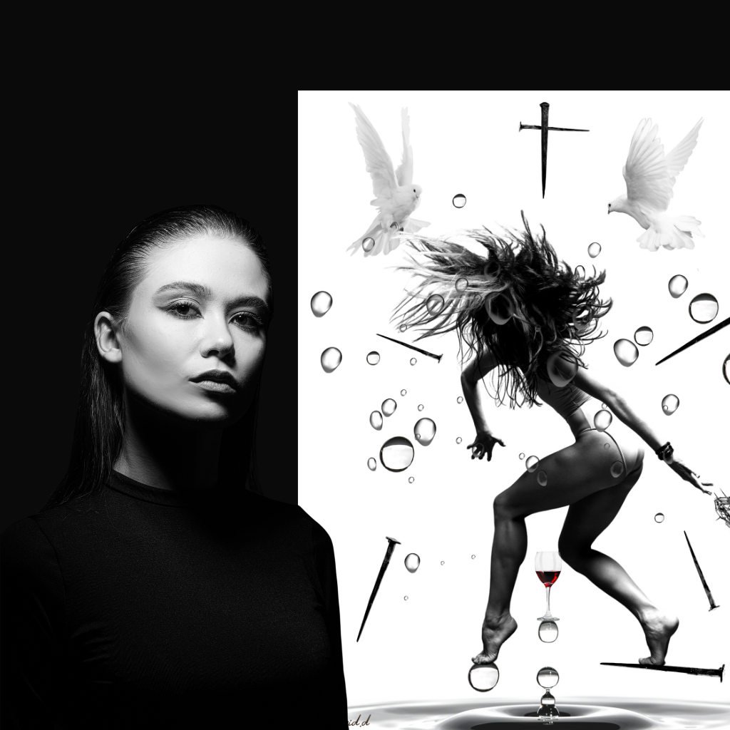 The ABSOLVO artwork portrays the concept of personal redemption and self-forgiveness amidst struggles. The image features a girl throwing back the spikes of Jesus, with doves protecting her from potential harm as she struggles to stay afloat. It serves as a reminder to forgive ourselves and continue moving forward in our lives.