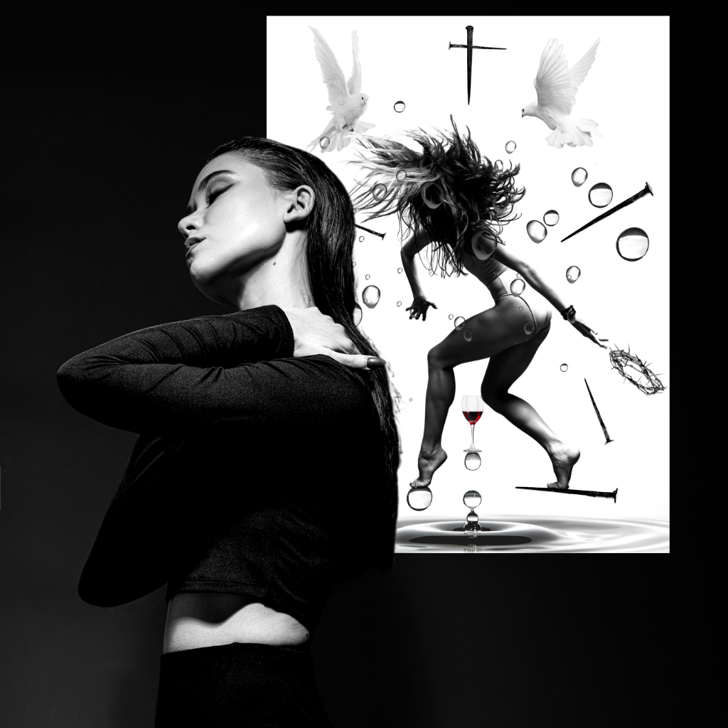 The ABSOLVO artwork portrays the concept of personal redemption and self-forgiveness amidst struggles. The image features a girl throwing back the spikes of Jesus, with doves protecting her from potential harm as she struggles to stay afloat. It serves as a reminder to forgive ourselves and continue moving forward in our lives.