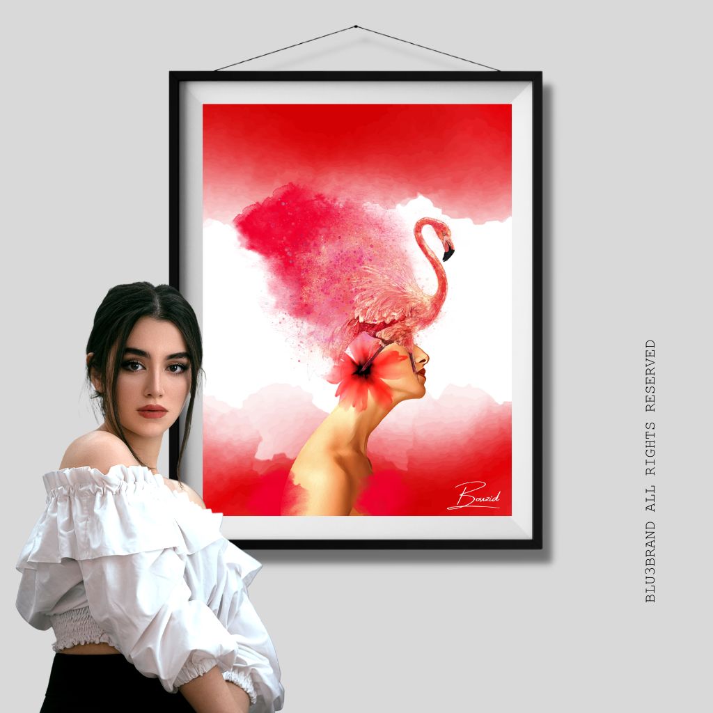 Transform your plain walls into a stunning display of art with the lady and her red flamingo bird abstract artwork. This beautiful piece is a perfect addition to any room, adding a touch of elegance and sophistication to your decor. Don't settle for boring walls - elevate your space with this captivating artwork today!