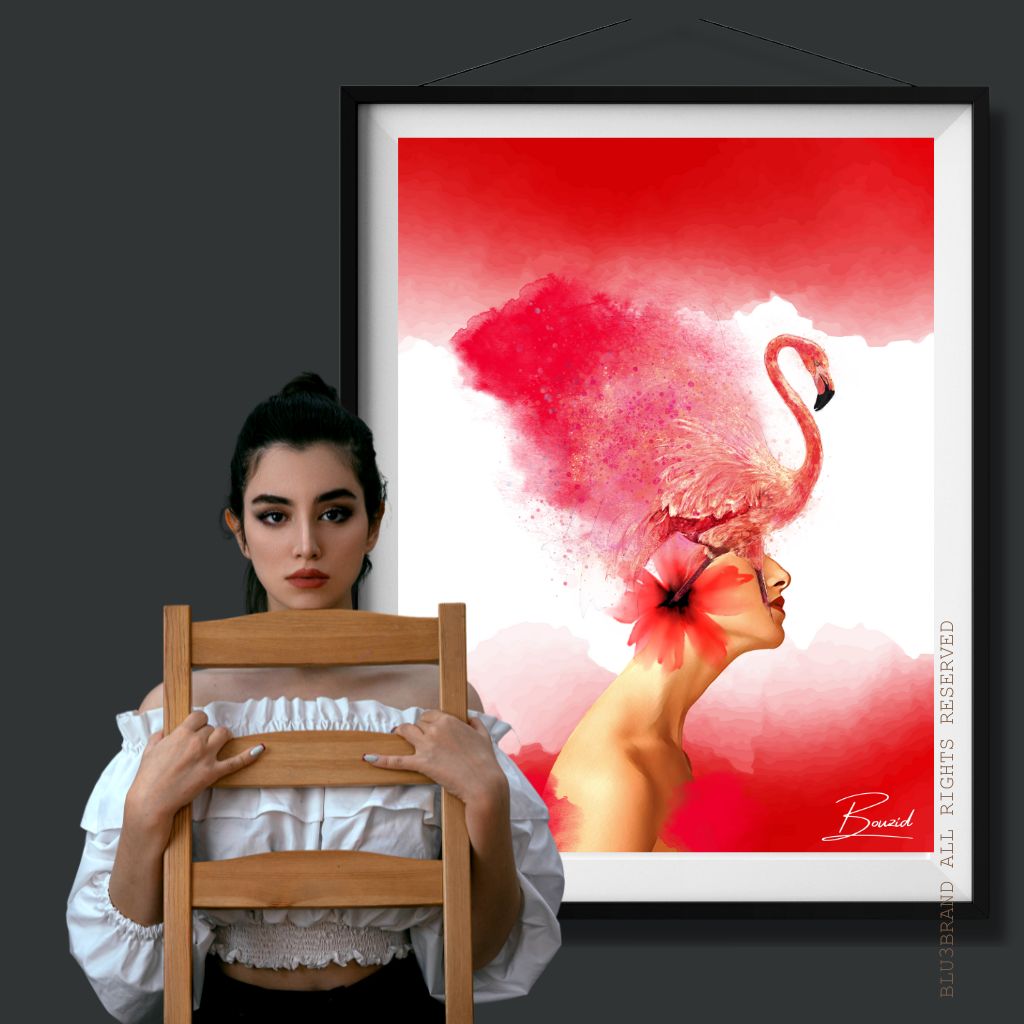 Transform your plain walls into a stunning display of art with the lady and her red flamingo bird abstract artwork. This beautiful piece is a perfect addition to any room, adding a touch of elegance and sophistication to your decor. Don't settle for boring walls - elevate your space with this captivating artwork today!