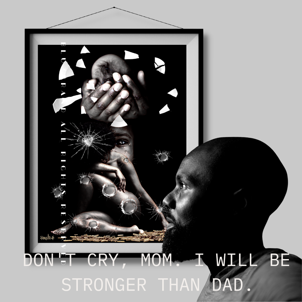 DON'T CRY, MOM. I WILL BE STRONGER THAN DAD is a powerful testament to the resilience of African-American families in the face of gun violence. Through powerfully evocative imagery, this product provides a glimpse into the strength and fortitude required of those shielding their children from gun violence.  THIS ARTWORK IS A BLU3BRAND, LLC  COPYRIGHTED EXCLUSIVE, DO NOT DUPLICATE IT WITHOUT PERMISSION.
